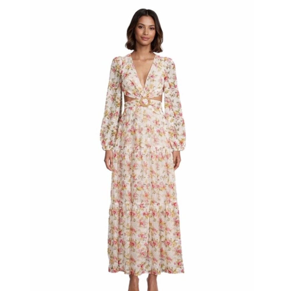 Lillian Floral Print Long Sleeve Deep V-Neck Cut-Out Tiered A-Line Dress